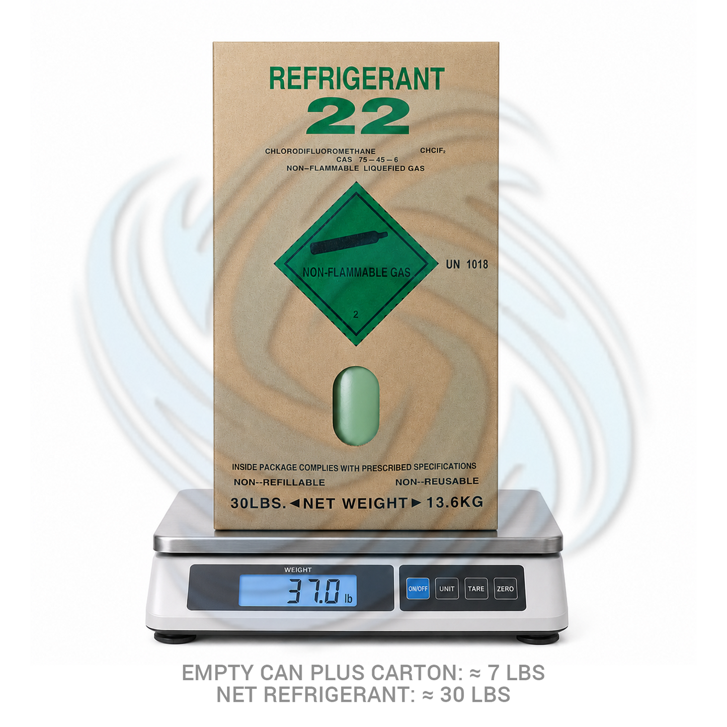 R22 refrigerant 30lb cylinder on scale for HVAC refrigeration systems
