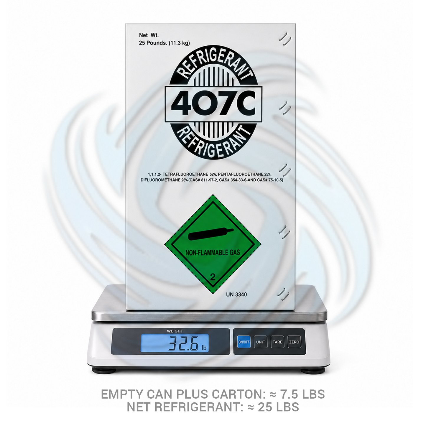 25lb R407C HVAC refrigerant cylinder displayed on scale for accurate refrigerant weight measurement