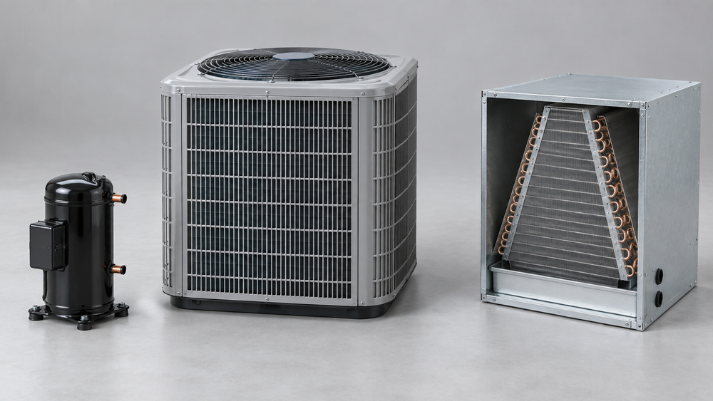 A sealed compressor beside an outdoor air-conditioning unit and an indoor evaporator coil, illustrating three replacement scopes.