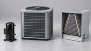 A sealed compressor beside an outdoor air-conditioning unit and an indoor evaporator coil, illustrating three replacement scopes.