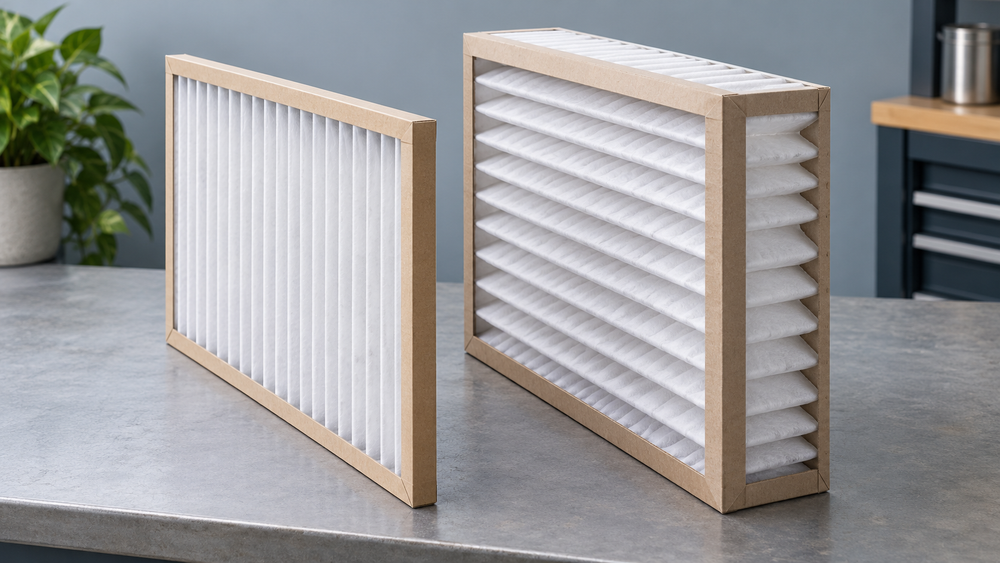Two clean pleated HVAC filters with different depths displayed side by side on a workbench.
