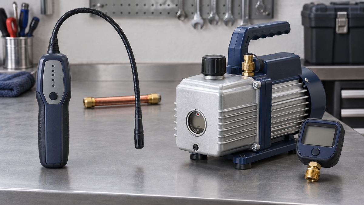 An electronic leak detector beside a vacuum pump and digital vacuum gauge on a workbench.