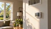 Thermostat mounted on a sunlit wall below an air grille beside a living-room window.