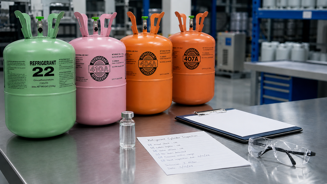 Plain unbranded refrigerant cylinders beside blank purity documents, a sample vial, a clipboard, and safety glasses on a clean quality-control bench.