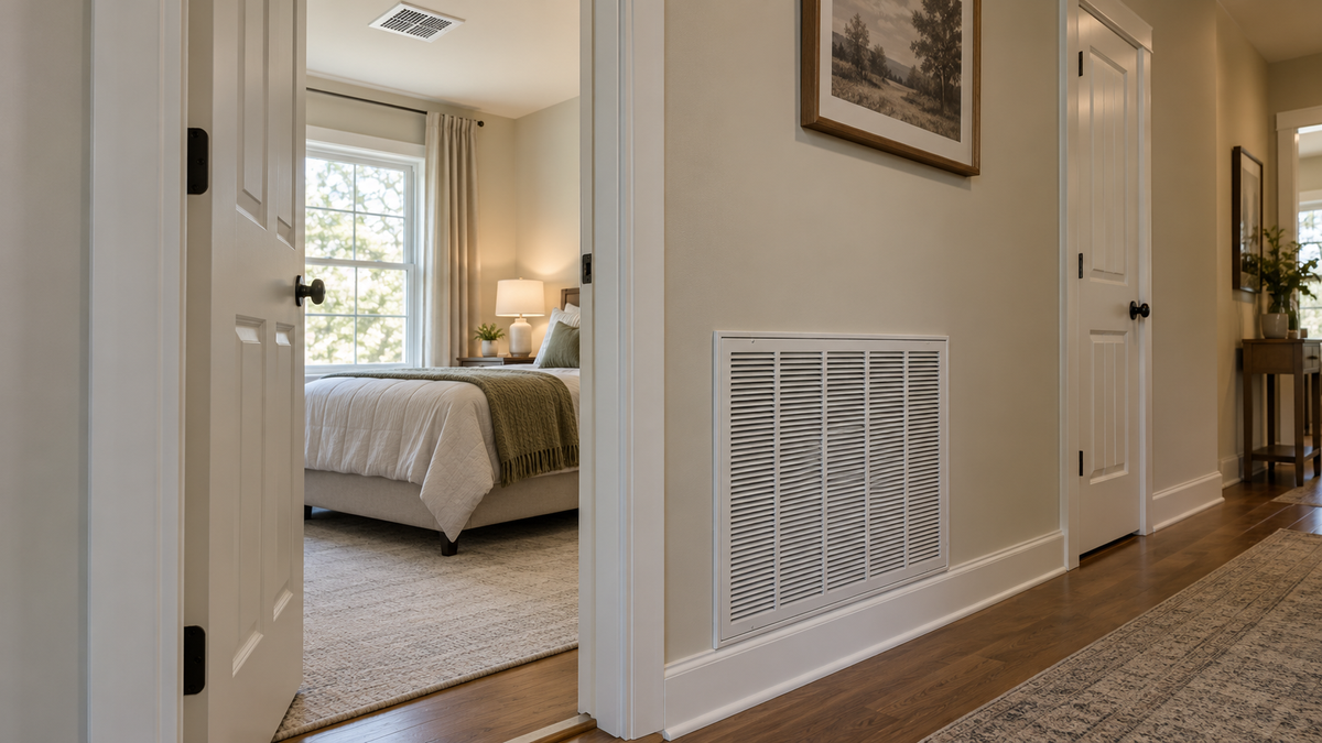 Bedroom doorway beside a large hallway return grille, with a smaller ceiling supply vent visible inside the room.