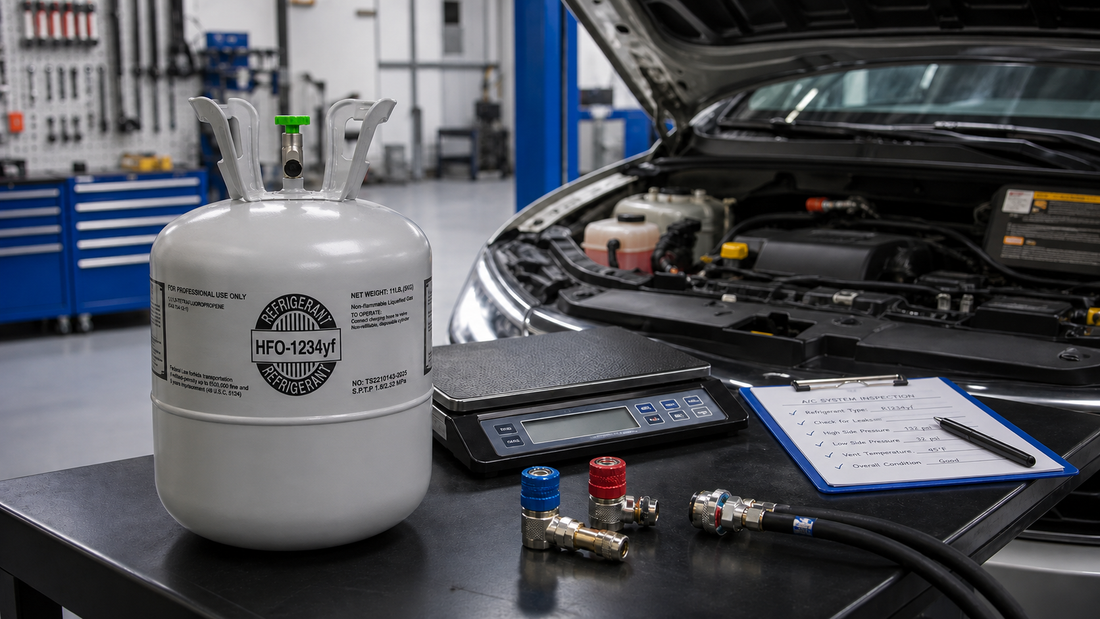 R1234yf refrigerant cylinder with automotive A/C couplers, scale, and service paperwork beside an open vehicle hood.