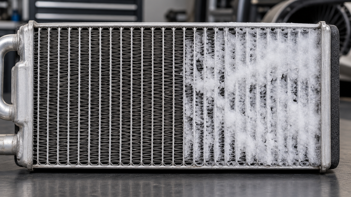 Automotive evaporator core with frost bridging part of its fins beside an unfrosted section, illustrating how ice can obstruct airflow.