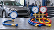 Illustrative comparison of a single automotive AC pressure gauge and a two-gauge manifold with coiled hoses on a workbench.