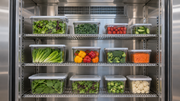 Illustrative view inside a commercial refrigerator with covered food containers spaced on wire shelves beneath a guarded air outlet.