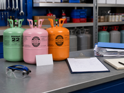 Unbranded refrigerant cylinders beside a blank certification card, clipboard, safety glasses, and purchasing records on a clean HVAC supply counter.
