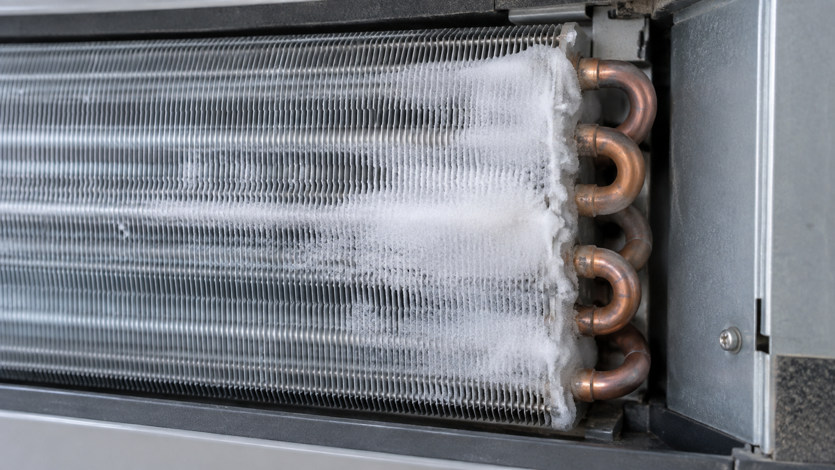 Frost covering part of an indoor air-conditioning evaporator coil beside copper tubing.