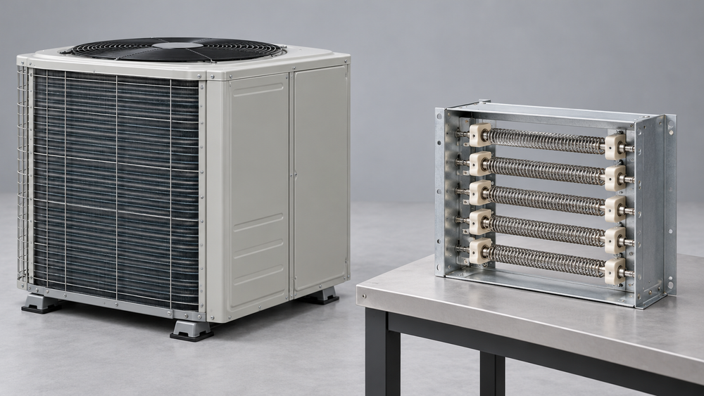 An outdoor heat pump cabinet and a detached electric resistance heater assembly displayed side by side.