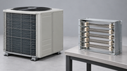 An outdoor heat pump cabinet and a detached electric resistance heater assembly displayed side by side.