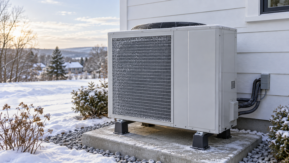 Outdoor heat pump with light frost on its coil beside a house in winter.