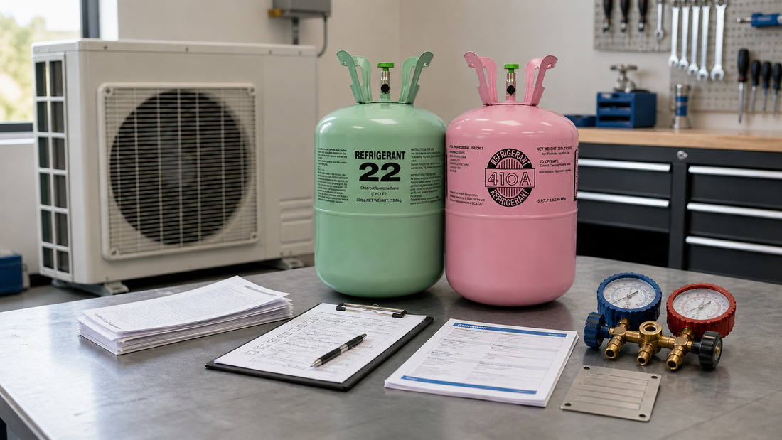 Two refrigerant cylinders with HVAC gauges and compliance paperwork beside an outdoor condenser before an HFC phasedown buying decision.
