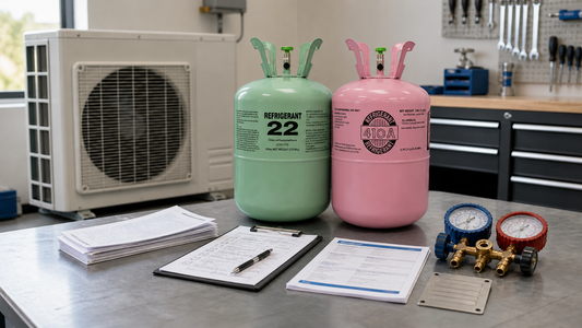 Two refrigerant cylinders with HVAC gauges and compliance paperwork beside an outdoor condenser before an HFC phasedown buying decision.