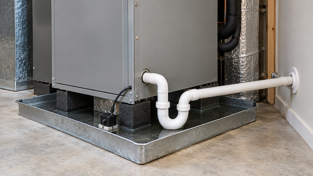 Indoor air handler above an auxiliary drain pan, with a white condensate drain pipe and an overflow safety switch.