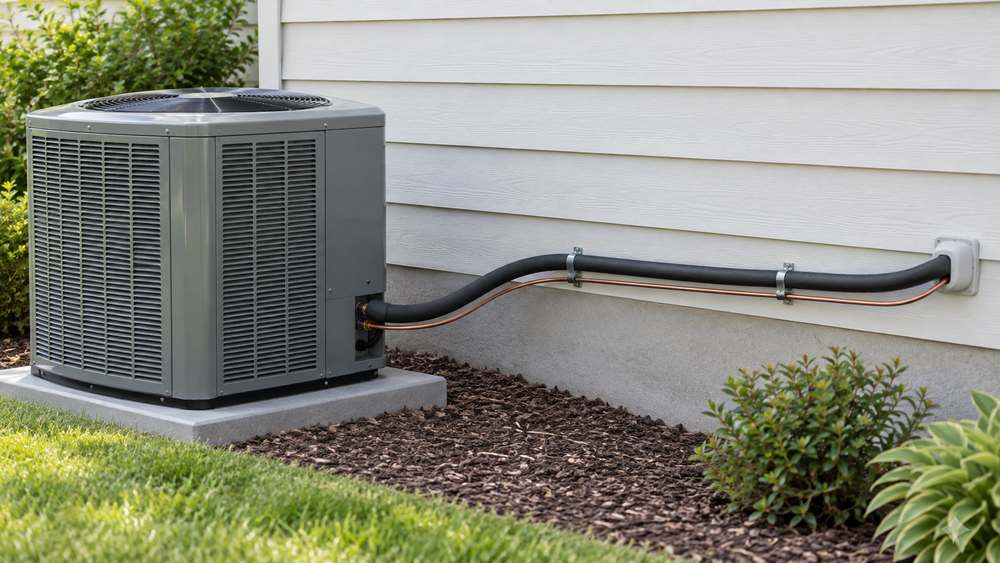 Outdoor air-conditioning unit beside a house with paired refrigerant lines following the wall toward the indoor equipment.