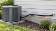 Outdoor air-conditioning unit beside a house with paired refrigerant lines following the wall toward the indoor equipment.