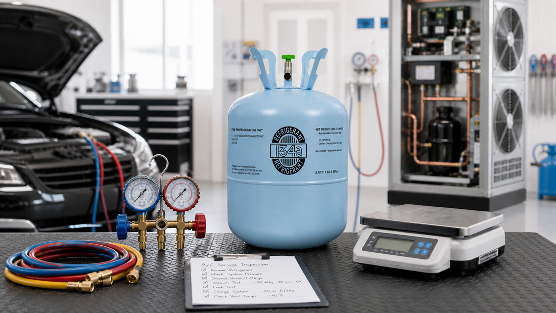 Unlabeled refrigerant cylinder with manifold gauges, charging scale, automotive A/C bay, and refrigeration equipment for an R134a buying check.