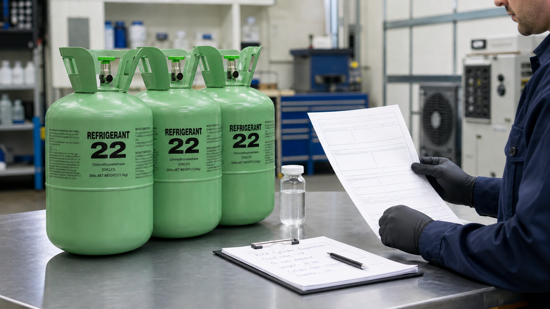 Plain refrigerant cylinders beside a sample bottle while a technician reviews reclaimed refrigerant batch paperwork.