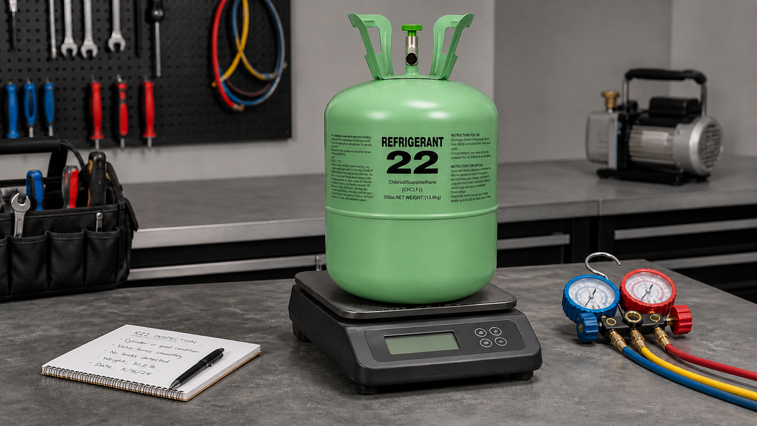 Digital refrigerant charging scale holding a plain cylinder beside HVAC gauges and a blank service notebook.