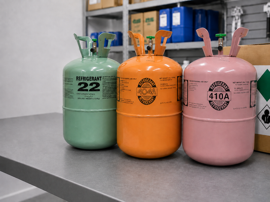 Light green-gray refrigerant cylinders with label panels and an A2L red shoulder band for cylinder identification checks.