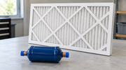 A sealed refrigerant filter drier with capped copper connections beside a pleated air filter on a workbench.
