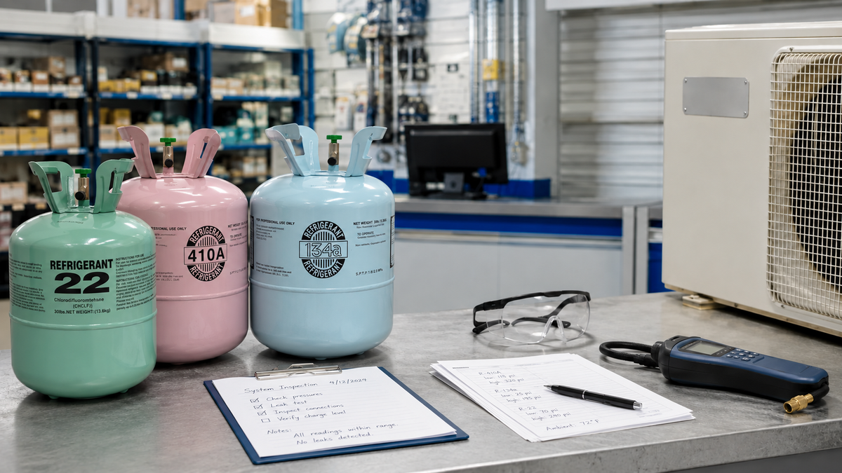 Unbranded refrigerant cylinders beside service records, a leak detector, safety glasses, and equipment documentation on an HVAC supply counter.