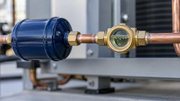 Close-up of a brass liquid-line sight glass with visible bubbles beside a filter drier and copper refrigeration tubing.