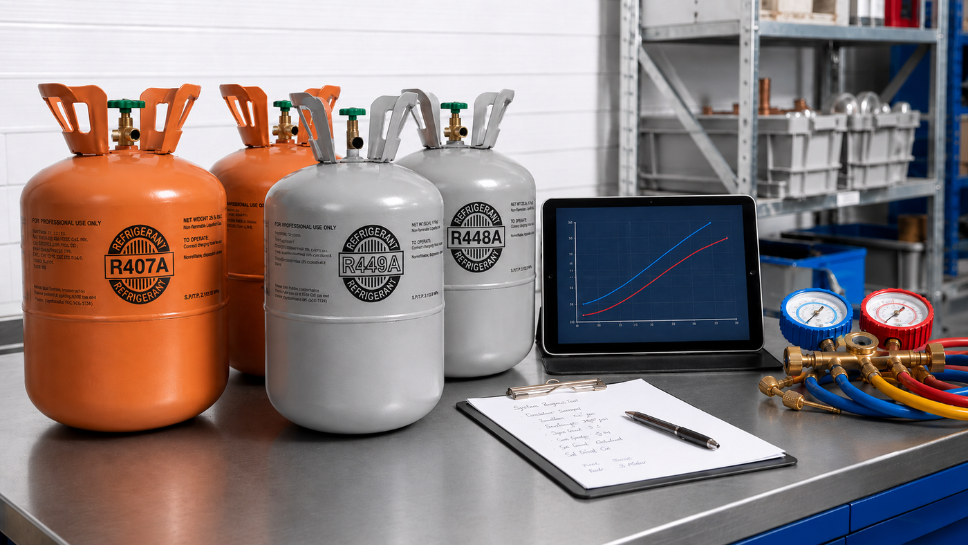 Plain refrigerant cylinders beside an abstract PT chart, HVAC gauges, and a blank checklist for temperature glide buying checks.