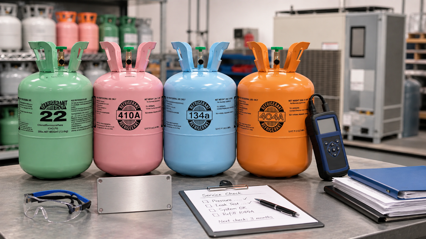Unbranded refrigerant cylinders beside a refrigerant identifier, blank equipment nameplate, safety glasses, and checklist for unknown refrigerant buying checks.