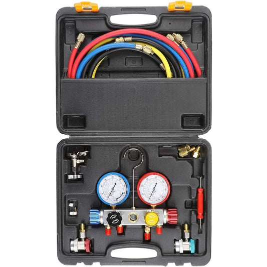 4 Way AC Diagnostic Manifold Gauge Set, Fits R134A R410A and R22 Refrigerants, with 5FT Hose, 3 Tank Adapters, Adjustable Couplers and Can Tap