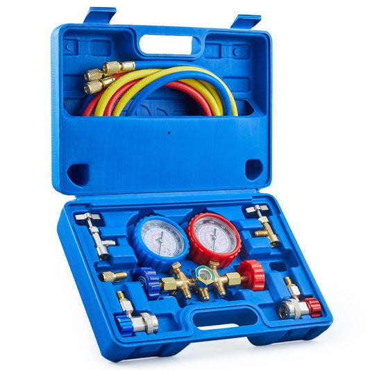 AC Manifold Gauge Set for R134a R12 R502 Refrigerant, 3 Way Car with 5FT Hoses Couplers & Adapter, Puncturing & Self Sealing Can Tap Freon Charge Kit