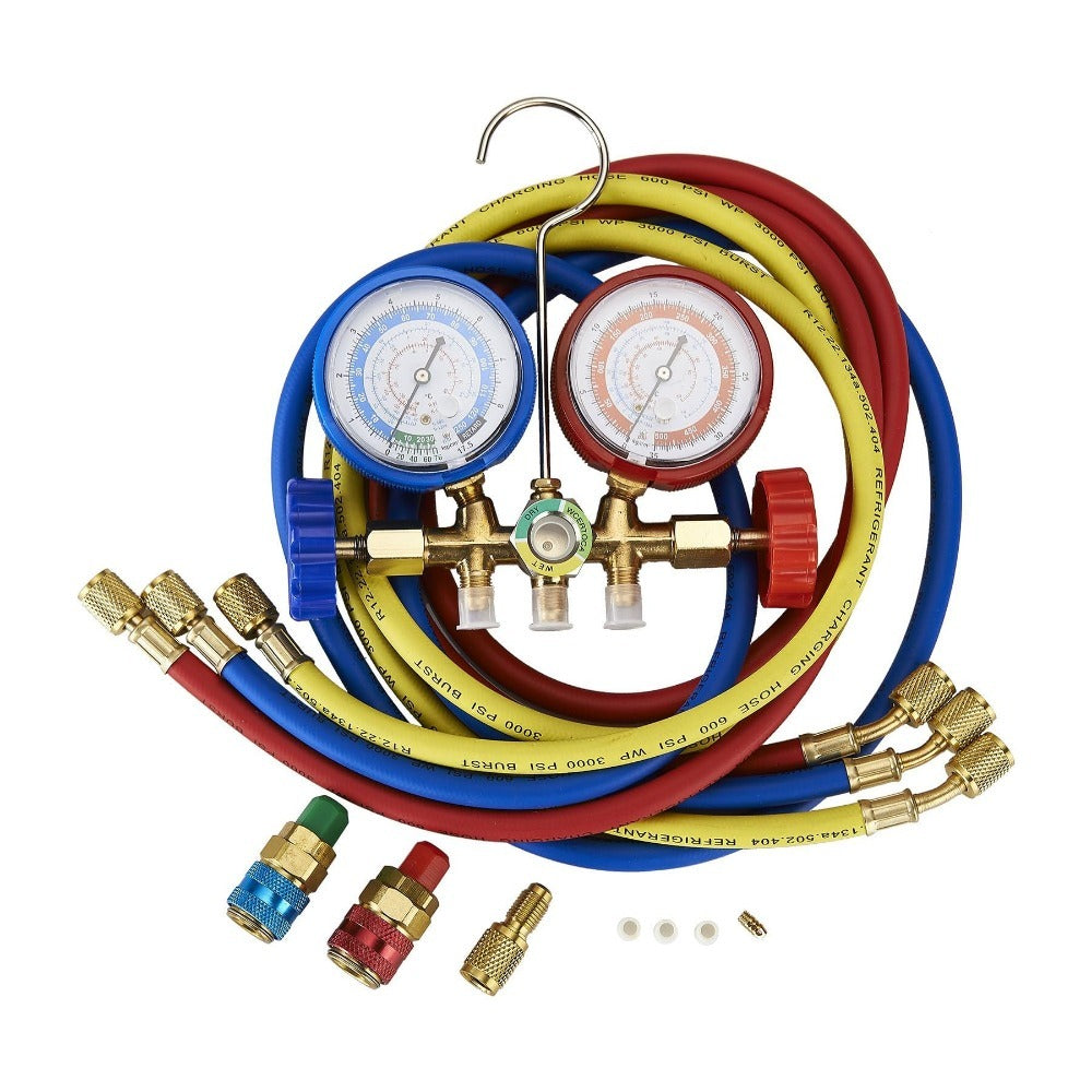 5FT AC Diagnostic Manifold Freon Gauge Set Fits for R134A R12, R22, R502, with Couplers, Adapter for Car A/C System Automotive Air Conditioning