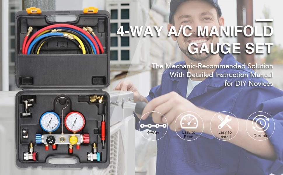 4 Way AC Diagnostic Manifold Gauge Set, Fits R134A R410A and R22 Refrigerants, with 5FT Hose, 3 Tank Adapters, Adjustable Couplers and Can Tap