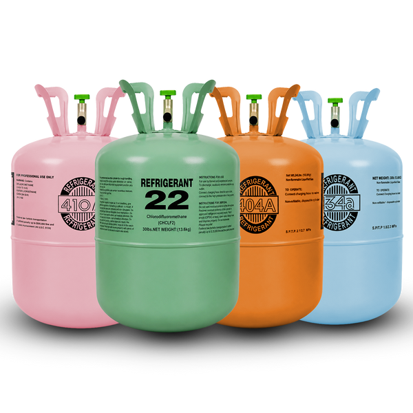 Freonwell R410A, R22, R404A and R134a refrigerant cylinders displayed together