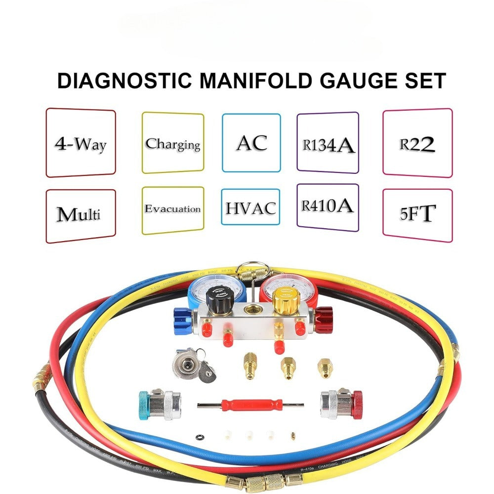 4 Way AC Diagnostic Manifold Gauge Set, Fits R134A R410A and R22 Refrigerants, with 5FT Hose, 3 Tank Adapters, Adjustable Couplers and Can Tap