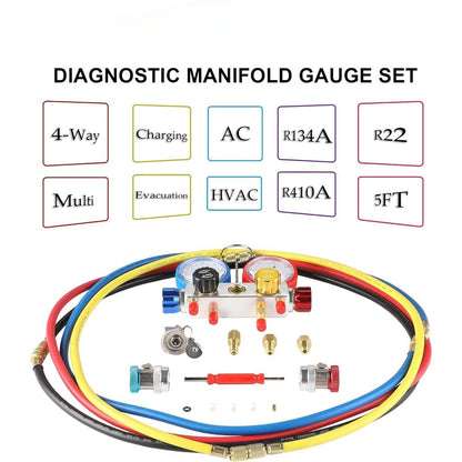 4 Way AC Diagnostic Manifold Gauge Set, Fits R134A R410A and R22 Refrigerants, with 5FT Hose, 3 Tank Adapters, Adjustable Couplers and Can Tap