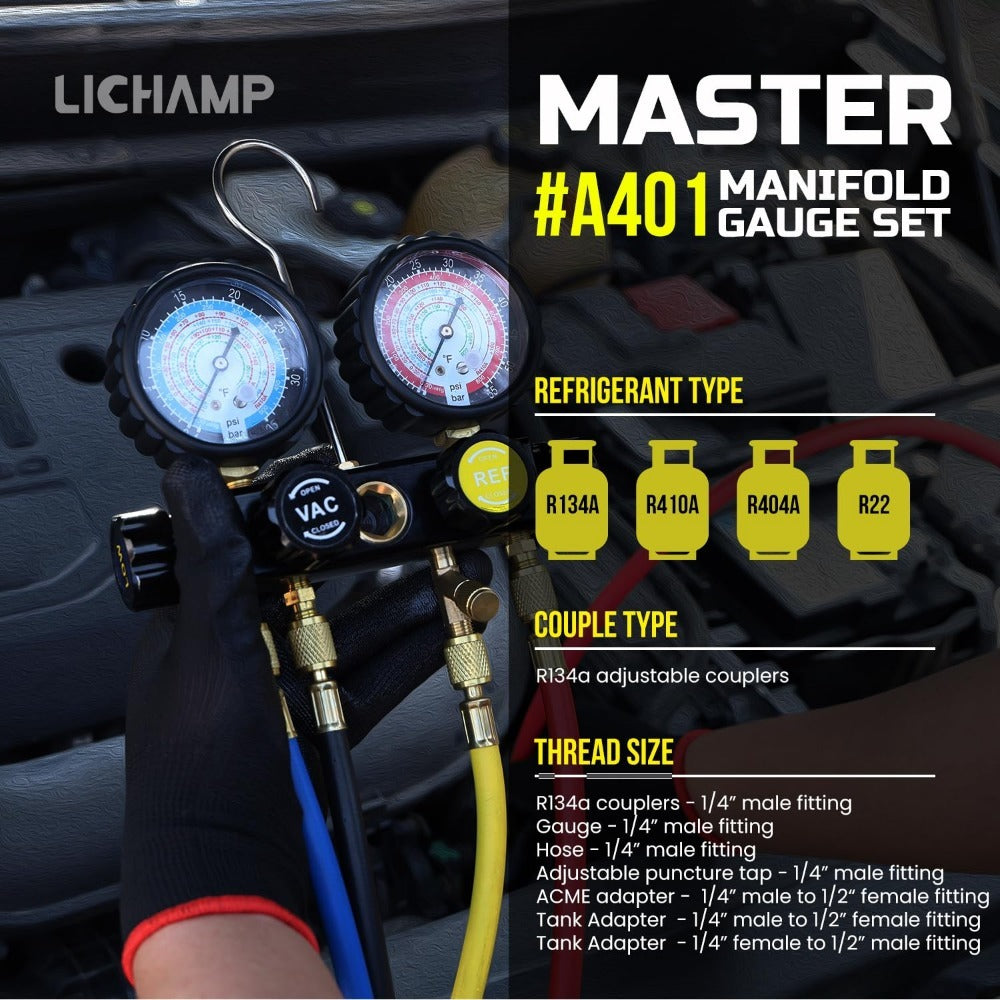 HVAC Gauges with Hoses, AC Manifold Gauge Set R134A R410A R404A R22 Refrigerant Gauges