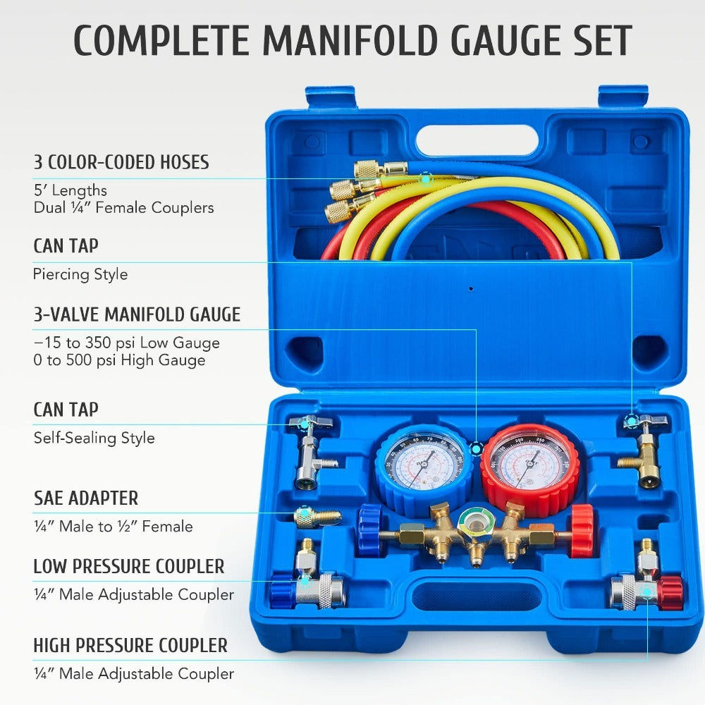 AC Manifold Gauge Set for R134a R12 R502 Refrigerant, 3 Way Car with 5FT Hoses Couplers & Adapter, Puncturing & Self Sealing Can Tap Freon Charge Kit