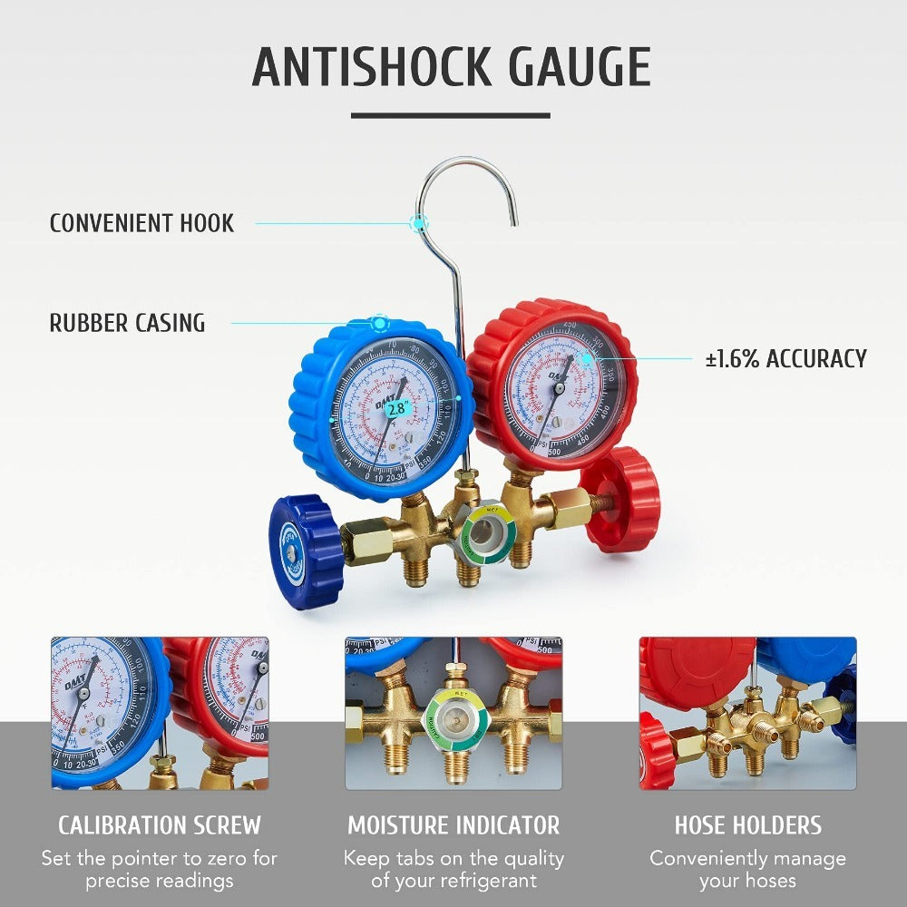 AC Manifold Gauge Set for R134a R12 R502 Refrigerant, 3 Way Car with 5FT Hoses Couplers & Adapter, Puncturing & Self Sealing Can Tap Freon Charge Kit