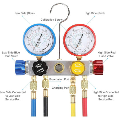 4 Way AC Diagnostic Manifold Gauge Set, Fits R134A R410A and R22 Refrigerants, with 5FT Hose, 3 Tank Adapters, Adjustable Couplers and Can Tap