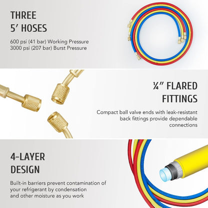 AC Manifold Gauge Set for R134a R12 R502 Refrigerant, 3 Way Car with 5FT Hoses Couplers & Adapter, Puncturing & Self Sealing Can Tap Freon Charge Kit
