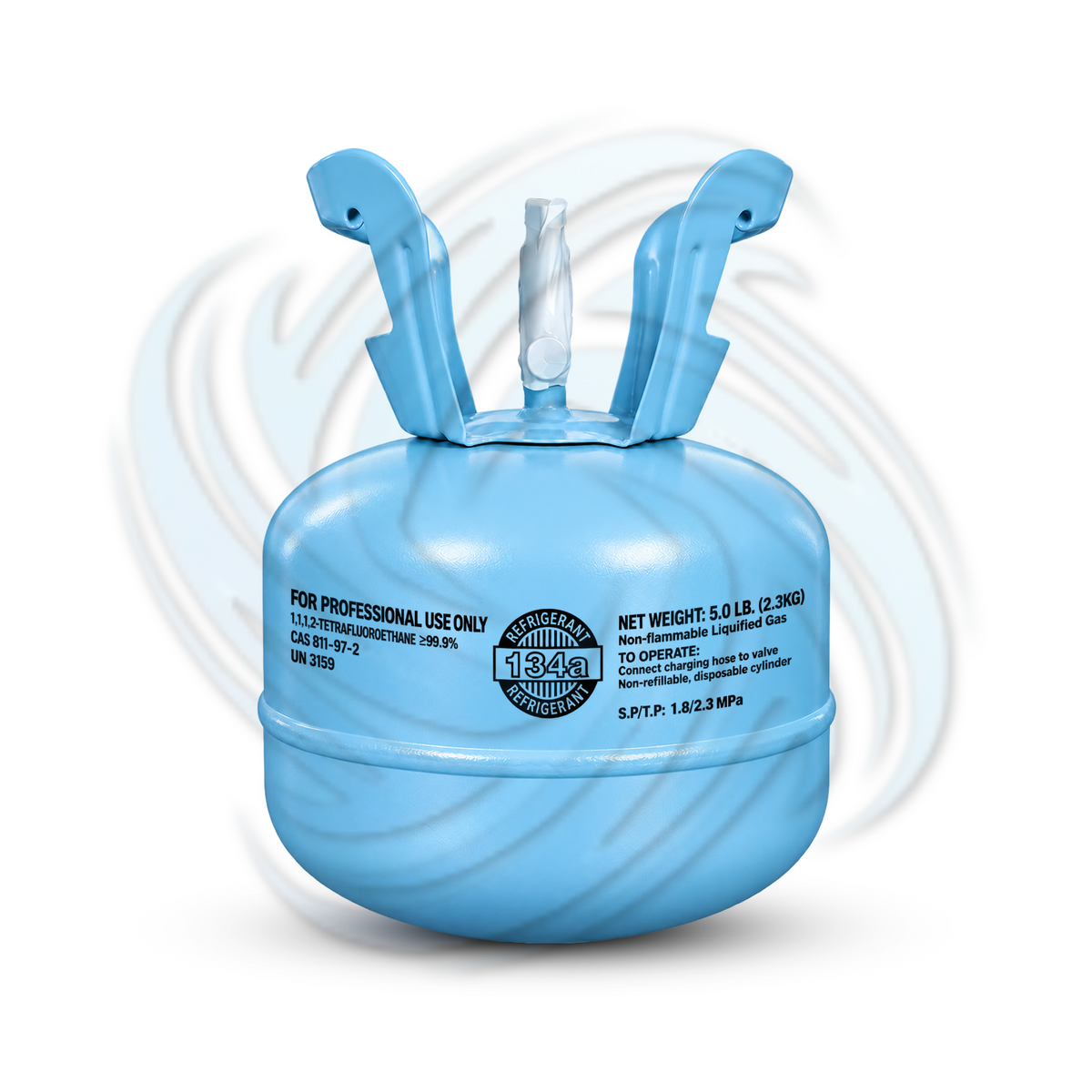 Front view of an R134a 5 lb refrigerant cylinder