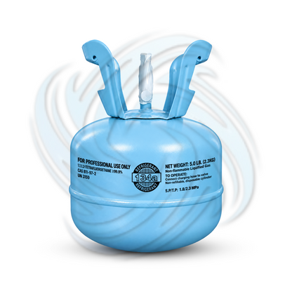 Front view of an R134a 5 lb refrigerant cylinder