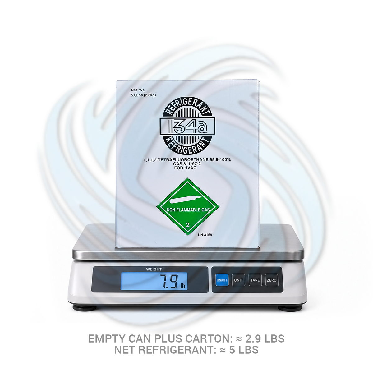 R134a refrigerant carton on a digital scale with weight information
