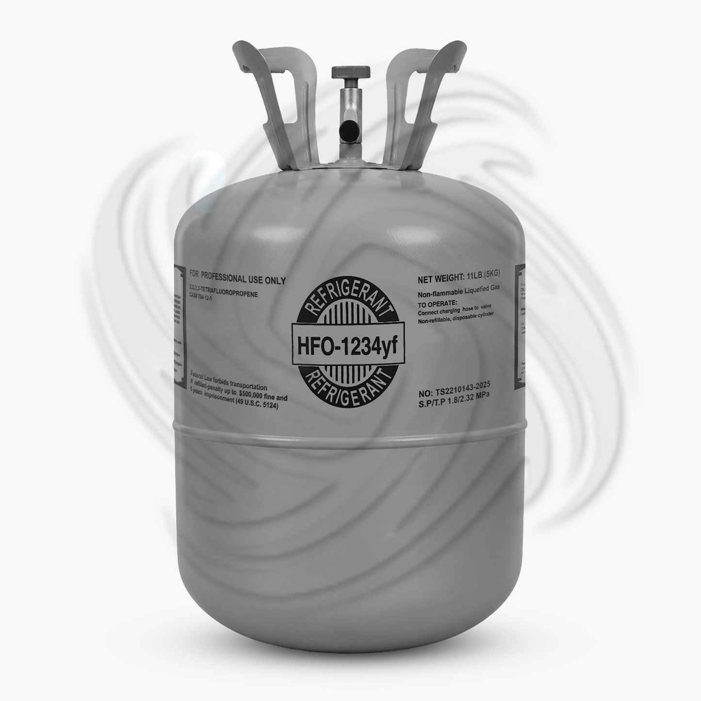 Front view of R1234YF refrigerant 11lb cylinder for automotive HVAC systems
