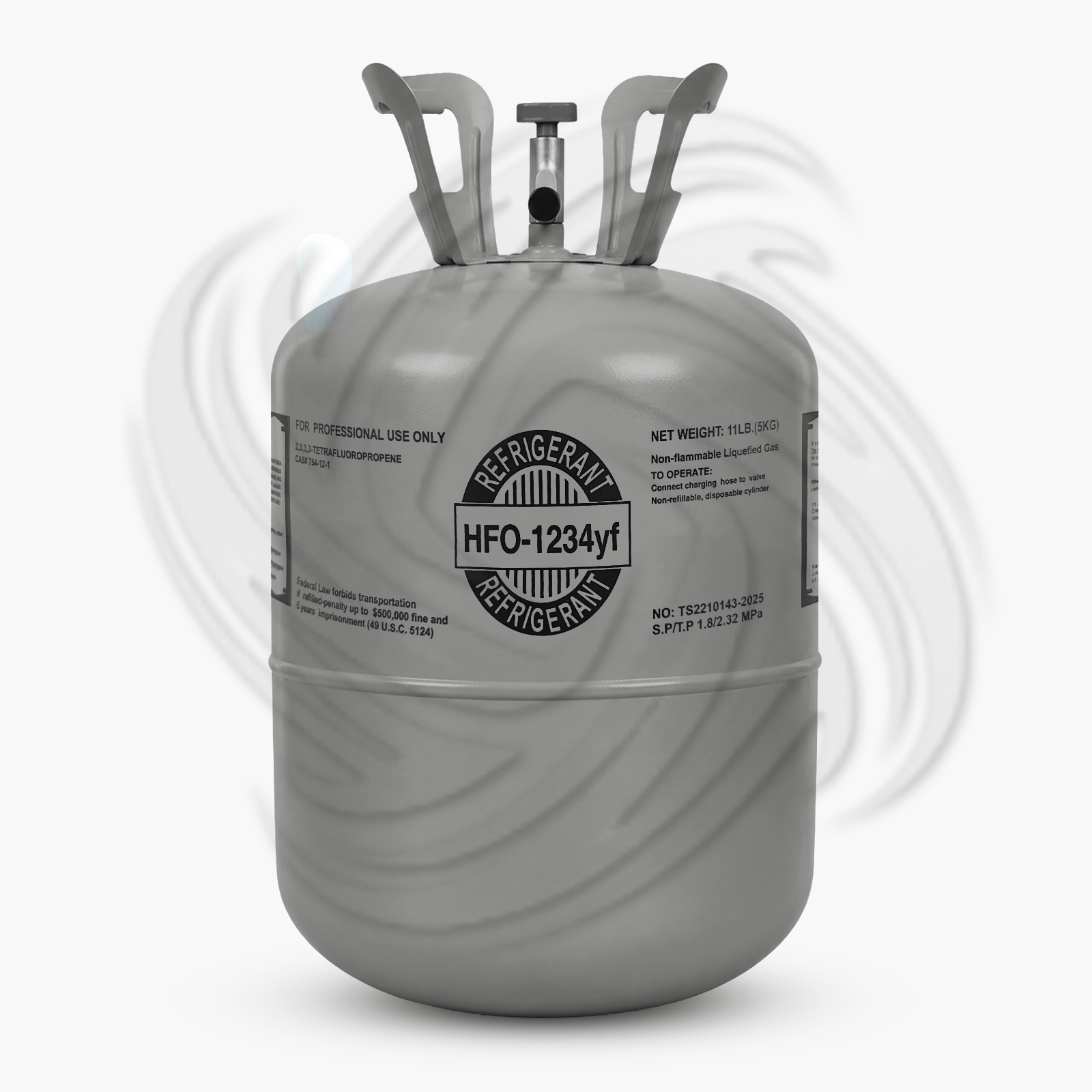 Front view of R1234YF refrigerant 11lb cylinder for automotive HVAC systems
