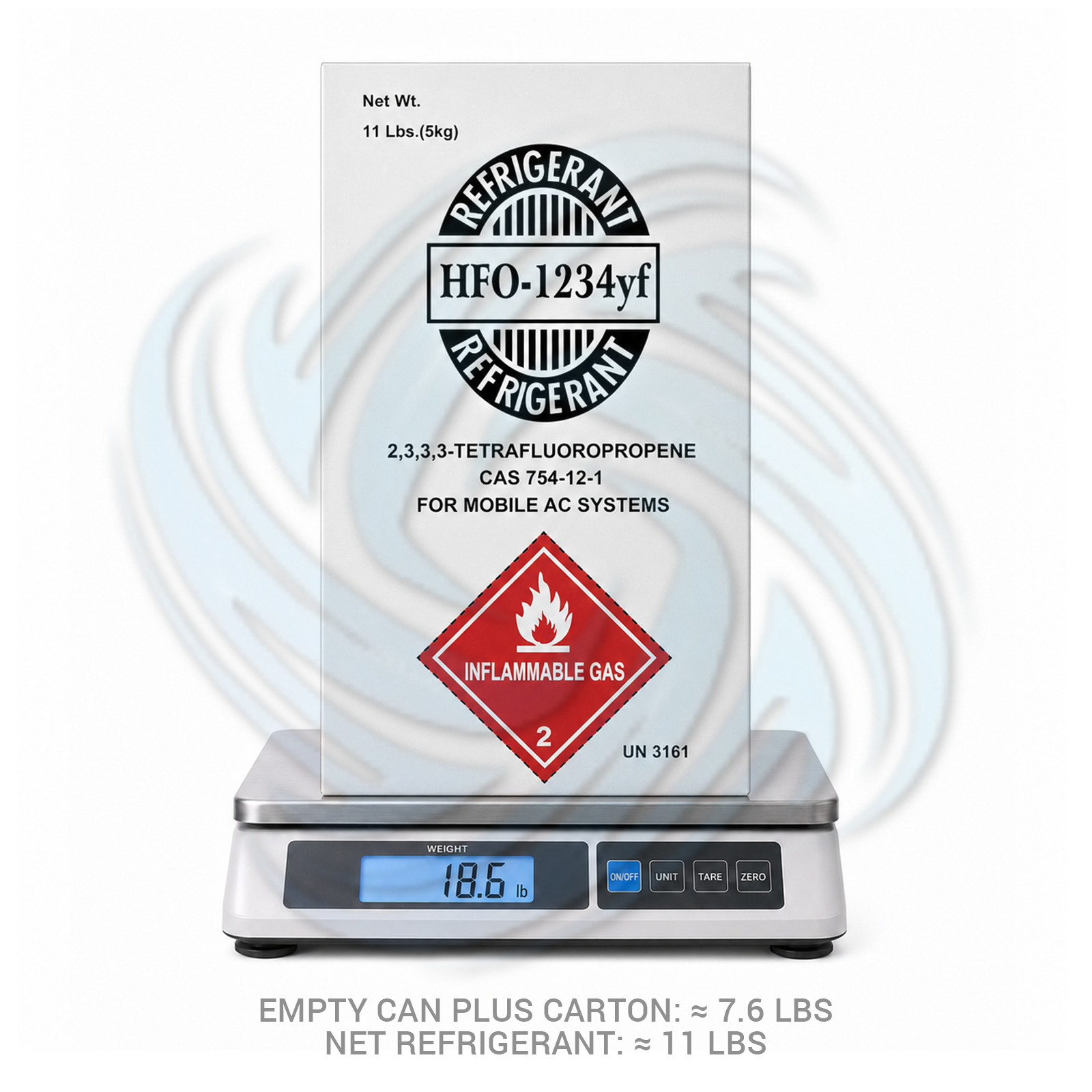 R1234YF refrigerant 11lb cylinder on scale for HVAC systems